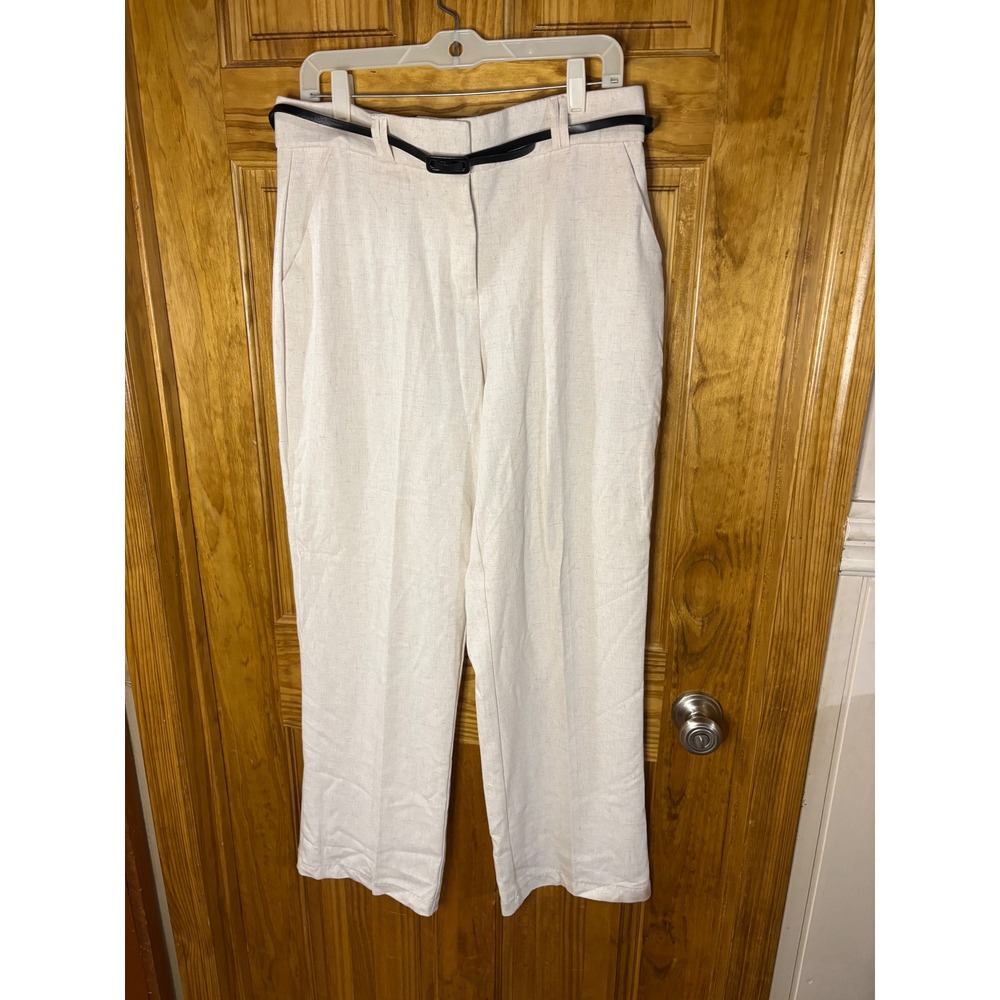 Sag Harbor Stretch Cream Linen Look Belted Dress Pants Trousers Womens 10